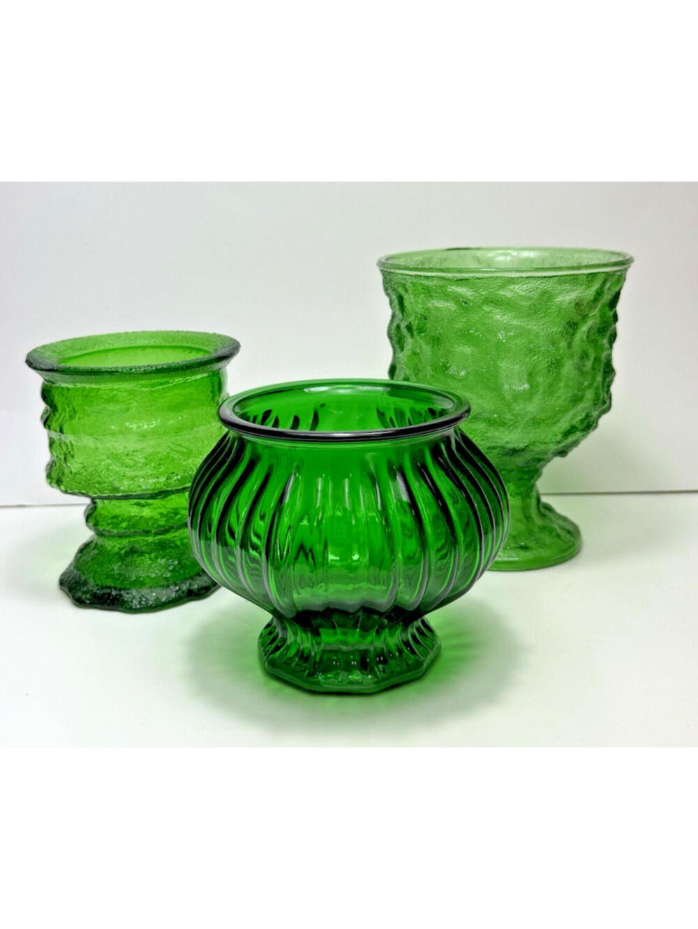 Vtg EO Brody Emerald Green Glass Vases Set 3 Bark Textured Brutalist MCM